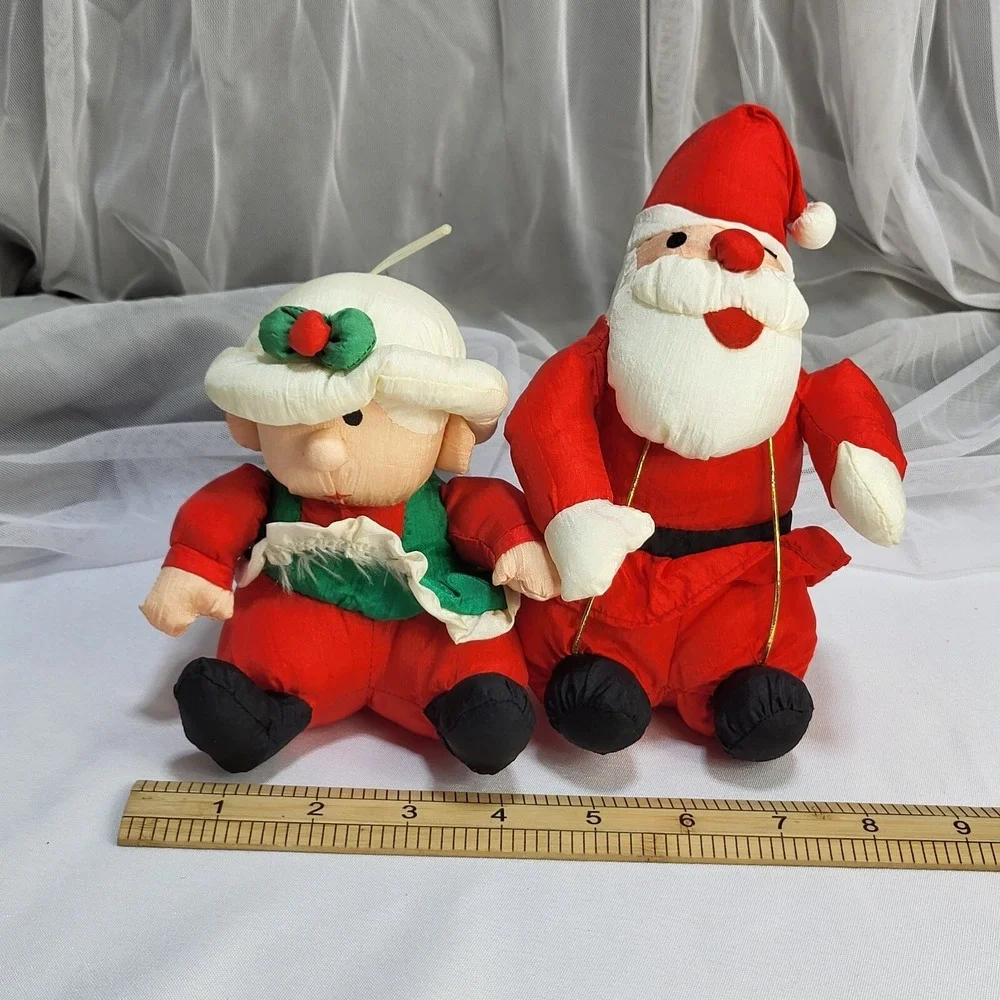 Santa & Mrs Claus 7in Nylon Puffy Stuffed Christmas Plush Table Decor VTG 1993